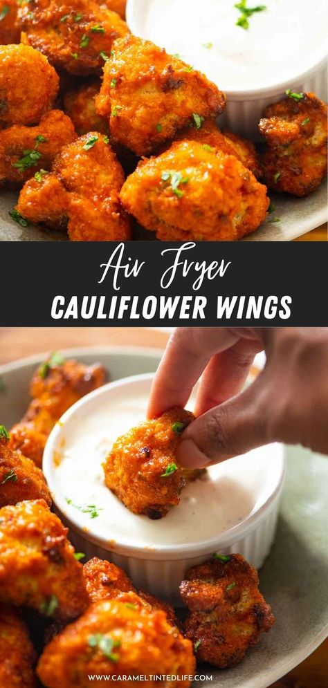 collage of buffalo cauliflower and dip images Air Fryer Cauliflower Wings, Air Fried Cauliflower, Air Fryer Vegan, Veg Crispy, Vegan Cauliflower Wings, Air Fryer Cauliflower, Buffalo Cauliflower Wings, Buffalo Cauliflower Recipes, Party Sides