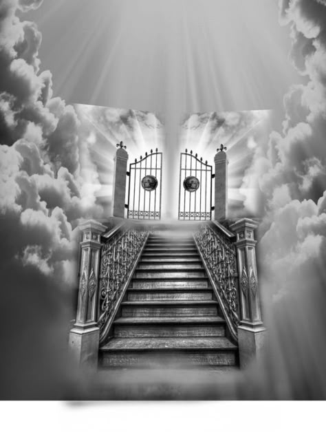 Heavens Gate Tattoo Design, Heaven Stairway Tattoo, Stair Way To Heaven Tattoo, Gate Tattoo Design, Heavens Gate Tattoo, Stairs Tattoo Design, Heaven Tattoo Ideas, Stairway To Heaven Tattoo Design, Heavens Gates Tattoo Design