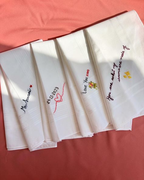 Our custom handkerchiefs are only for happy tears! 🥹 . . . #customembroidery #embroidersofchennai #chennaibased #handembroidery #chennaibasedembroidery #chennaiembroidery #giftideas #giftsforhim #artbychahat Hand Embroidery Handkerchief, Diy Hankies, Hanky Embroidery Design, Embroidery Birthday Gift Ideas, Hanky Embroidery, Embroidery Handkerchief, Handkerchief Embroidery, Hand Embroidered Gifts, Simple Hand Embroidery Patterns