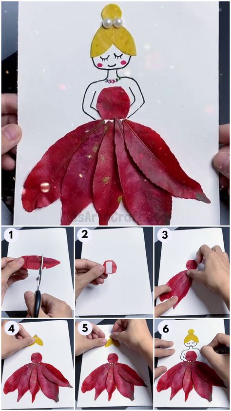 How To Make Fall Leaf Princess Artwork For Kids Crafts Using Leaves For Kids, Autumn School Project, Leaf Art Craft, Leaf Person Craft, Leaf Animal Craft, Leaf People Art, Fair Art Projects For Kids, Real Leaf Crafts For Kids, Leaf Flowers Diy