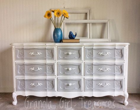 White French Provincial Dresser, Painted French Provincial Dresser, Dresser Grey, Teal Dresser, Provincial Dresser, French Provincial Dresser, Shabby Chic Dresser, Furniture Rehab, Painted Dresser