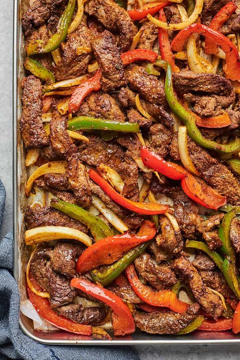 Sheet Pan Steak Fajitas, Beef Fajita Recipe, Sheet Pan Steak, Sheet Pan Fajitas, Pan Fajitas, Easy Steak Fajitas, Steak Fajita Recipe, Fajita Marinade, Pan Steak