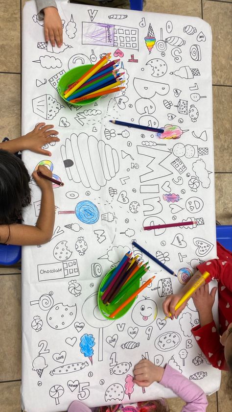 It took about 20-30 minutes before my students started arriving to complete this gem. I just used a large paper roll, taped it down under the table and went to town with a black sharpie. TIP: it’s helpful to start with bigger drawing, then fill in the empty space with small doodles:) #preschool #art #valentinesday Arts And Crafts Party Ideas, Bigger Drawing, Table Activities For Kids, Party Crafts For Kids, Complete The Drawing, Kids Birthday Party Activities, Small Doodles, Party Activities Kids, Painting Birthday Party