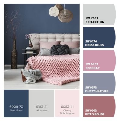 Paint colors from ColorSnap by Sherwin-Williams Navy And Rose Bedroom, Pink Grey Blue Bedroom, Pink Blue And Grey Bedroom, Blush And Blue Bedroom Ideas, Master Bedrooms Decor Single Woman, Navy Blue And Pink Office, Blue Gray And Pink Bedroom, Blue Bedroom Colour Schemes, Blue Pink Bedroom Ideas