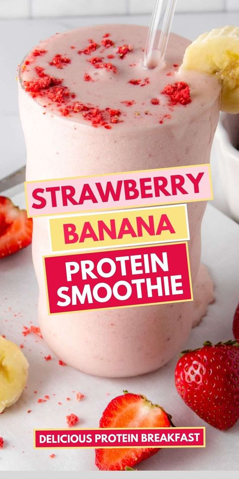 Strawberry Banana Protein Smoothie Recipe (Easy) Strawberry Banana Protein Smoothie Recipe, Strawberry Banana Protein Shake, Strawberry Protein Smoothie, Healthy Protein Smoothies, High Protein Smoothie Recipes, Banana Protein Shake, Banana Protein Smoothie, Protein Shakes Recipes, High Protein Snack