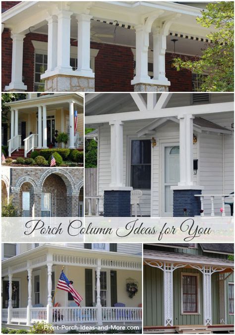 Extensive information and pictures about porch columns: http://www.front-porch-ideas-and-more.com/porch-columns.html #porchposts Small Front Porch With Columns, Porch Post Ideas Columns, Columns Front Porch, Front Porch Column Ideas, Porch Post Ideas, Porch Column Ideas, Doorway Ideas, Porch Column Wraps, Columns Design