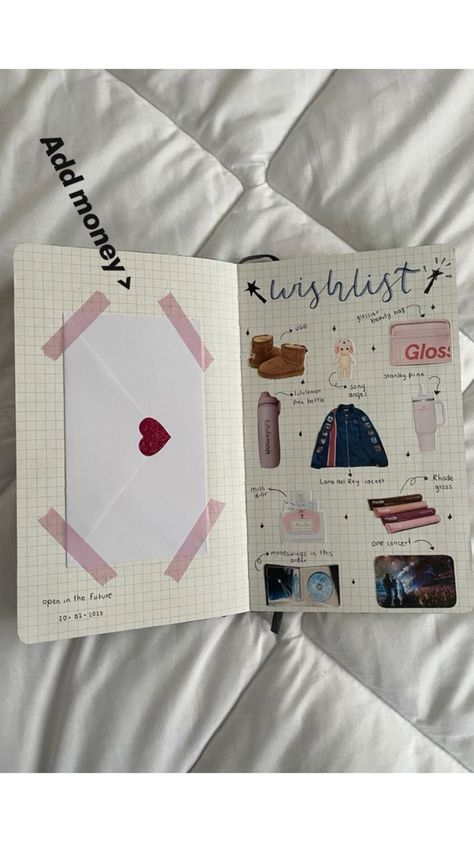 Creative Idea For Diary, Letters In Journal, What Do I Write In My Diary?, Summer Journaling Ideas, Journal Ideas Wishlist, Journal Ideas Diary, Wishlist Ideas Aesthetic Journal, Journaling Decorating Ideas, Journaling Drawing Ideas