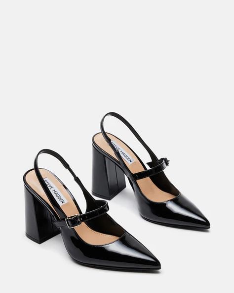 MAEGAN Black Patent Slingback Heel | Women's Heels – Steve Madden Block Heel Slingback, Prom 2024, Dr Shoes, Western Chic, Fancy Shoes, Shoe Inspo, Aesthetic Shoes, Elegantes Outfit, Soft Grunge