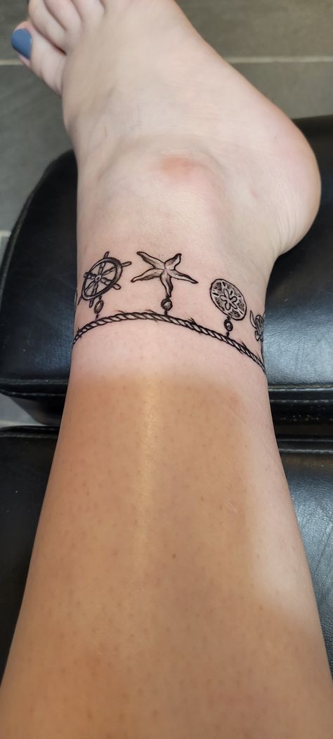 Ocean Anklet Tattoos For Women, Beachy Anklet Tattoos, Ankle Tattoos For Women Anklet Ideas Charm Bracelets, Beachy Hand Tattoos, Beachy Ankle Tattoos, Anklet Bracelet Tattoo, Hawaiian Ankle Tattoo, Ocean Bracelet Tattoo, Tattoos For Women Watercolor