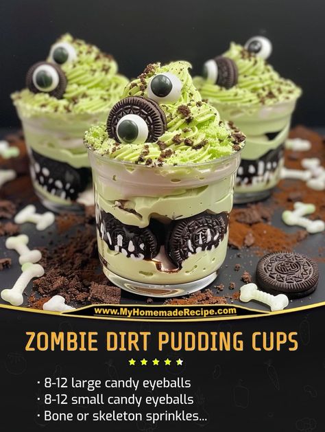 Dirt Cups Halloween Dessert, Zombie Dirt Cups, Dirt Cake Cups Halloween, Zombie Dirt Pudding Cups, Pudding Dirt Cups Kids, Beetlejuice Birthday Party Food, Halloween Pudding Desserts, Halloween Cake Cups, Dirt Pudding Halloween