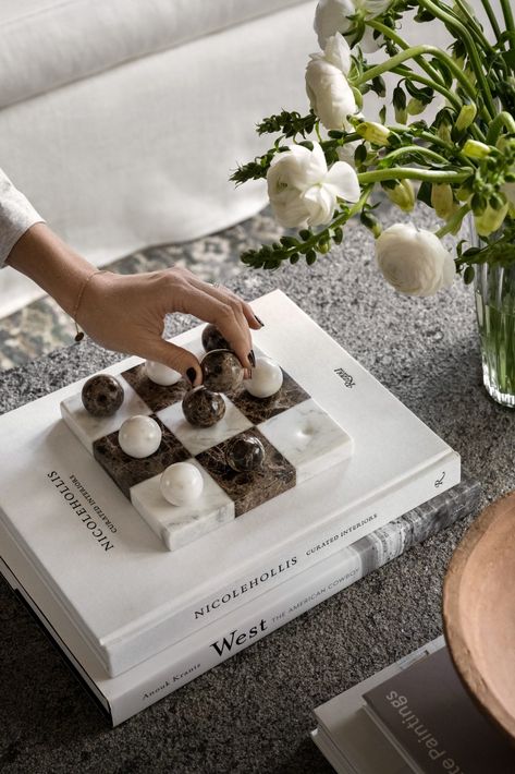 Five Cabinets Styled Five Ways - Studio McGee Table Decor Living Room, Brown Marble, Marble Decor, Mcgee & Co, Coffee Table Styling, Marble Art, Marble Coffee Table, Coffee Table Square, Tic Tac Toe