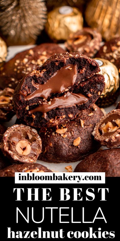 Fancy Chocolate Cookies, Ferrero Cookies, Nyc Cookies Recipe, Nutella Recipes Cookies, Gourmet Stuffed Cookies Recipes, Ferraro Rocher Cookies, Ferrero Rocher Cookies, Recipes With Ferrero Rocher, Filled Cookies Recipes