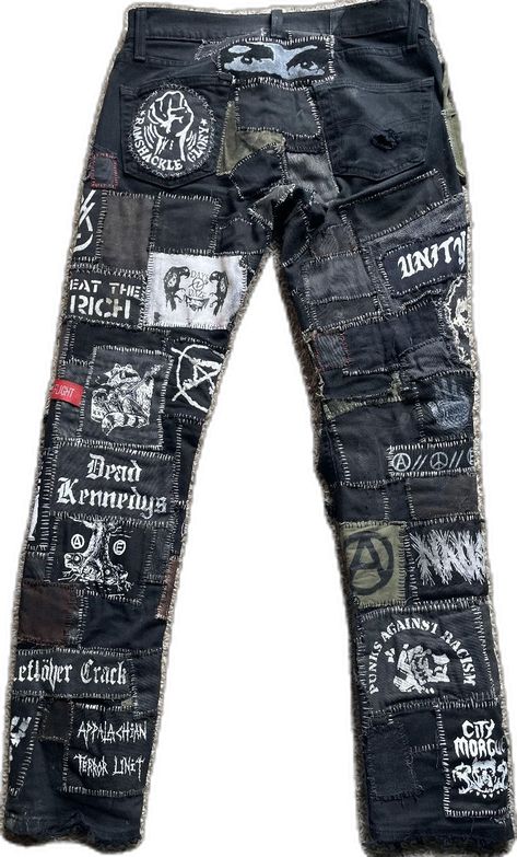 Crust pants Crust Pants Punk, Destroying Clothes, Crust Jeans, Crust Pants Patch Ideas, Crust Vest, Crust Shorts, Crust Punk Fashion, Crust Jacket, Patch Pants Punk