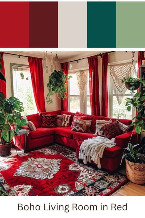 Red Boho Living Room: Color Palette and Houseplants Red Velvet Couch Living Room Ideas, Boho Living Room Red Couch, Red Sofa Decorating Color Schemes, Red Furniture Living Room Ideas, Red Wall Living Room, Red Sofa Living Room Color Schemes, Red Couch Living Room Ideas, Red Sofa Decorating, Red Couch Decor