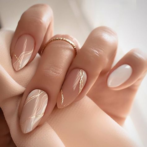 Amazon.com: Press on Nails Medium Almond Fake Nails White False Nails with Design Glitter Swirl Glossy Glue on Nails Full Cover Acrylic Nails Shiny Stick on Nails Artificial Nails for Women Manicure 24pcs : Beauty & Personal Care Ongles Beiges, Fake Nails White, Nagel Tips, Gold Nail, Hot Nails, Stick On Nails, Nailed It, Nail Inspiration, Nail Arts