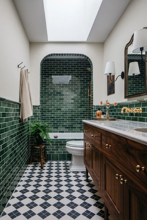 6 Dated Bathroom Design Elements Making a Comeback in 2024 | Livingetc Tiled Alcove Bathtub, Bath In Alcove, Tiled In Bathtub, Green Tile Bathtub, Bathroom Remodel Green Tile, Bathtub With Tile Walls, Bathroom Ideas Green Tiles, Green Tile Bathrooms, Mixed Tile Bathroom