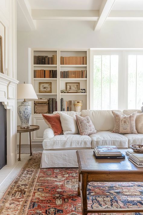 nancy-meyers-living-room Ina Garten Living Room, Floral Couch Living Room Vintage Modern, New England Interior Design Living Room, Nancy Meyers Ralph Lauren, Nancy Meyers Inspiration, Ruth Mckeaney Home, Orange Blue Green Living Room, Living Room Nancy Meyers, Mallory Ervin House