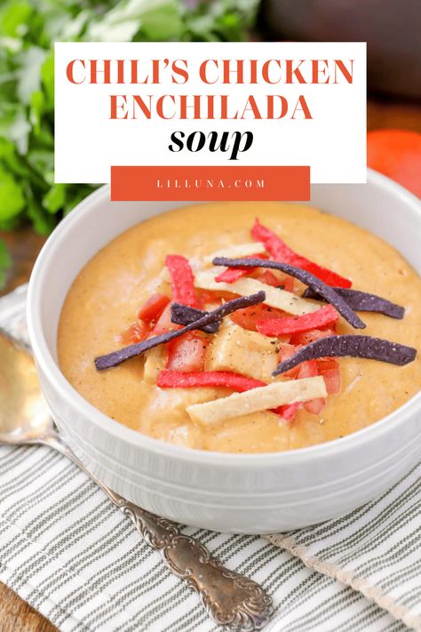 This copycat of Chili's chicken enchilada soup tastes just like the restaurant's version. It's a new favorite dinner meal! #chickensoup #enchiladasoup #soup #copycatrecipe #chicken Green Chili Chicken Soup, Chili's Chicken Enchilada Soup, Chicken Enchilada Soup Crock Pot, Chicken Enchilada Soup Recipes, Pork Salad, Homemade Enchiladas, Chicken Enchilada Soup, Favorite Dinner, Enchilada Soup