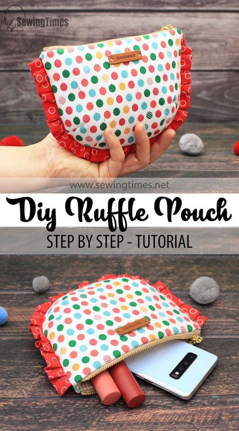 DIY Ruffle Zipper Pouch | How to make a Ruffled Purse [sewingtimes] Ruffle Bag Diy, Ruffle Bag Pattern, Cosmetic Bags Diy, Ruffle Bag, Diy Pouch, Diy Ruffle, Ruffles Bag, Pouch Craft, 23 January