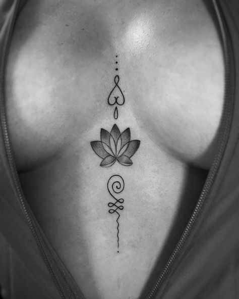 Tattoos For Women Chest Middle, Center Of Chest Tattoo Female, Minimalist Back Tattoo Women, Tattoo Ideas Chest Female, Tattoos In Between Breast, Tattoo On Chest Female, Tattoo Ideas Female Neck, Tats Between Breast, Female Chest Tattoo Ideas