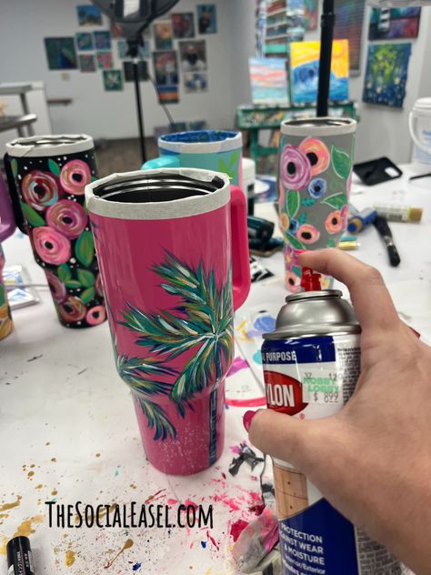 Paint Stanley Cup, Diy Painted Tumbler Cups, How To Paint A Stanley Cup, Painted Stanley Cup Diy, Stanley Cup Painted, Painted Stanley Cup Ideas, Painting Tumblers Diy, Painted Tumblers Diy, Hand Painted Tumbler Ideas