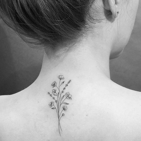 Flower Bouquet Tattoo Back Of Neck, Back Tiny Tattoo Women, Back Of Neck Flower Tattoos For Women, Flower Tattoo On Back Of Neck, Floral Back Neck Tattoo, Base Of The Neck Tattoo, Pretty Back Tattoos For Women Spine, Spine Bouquet Tattoo, Fine Line Back Of Neck Tattoo