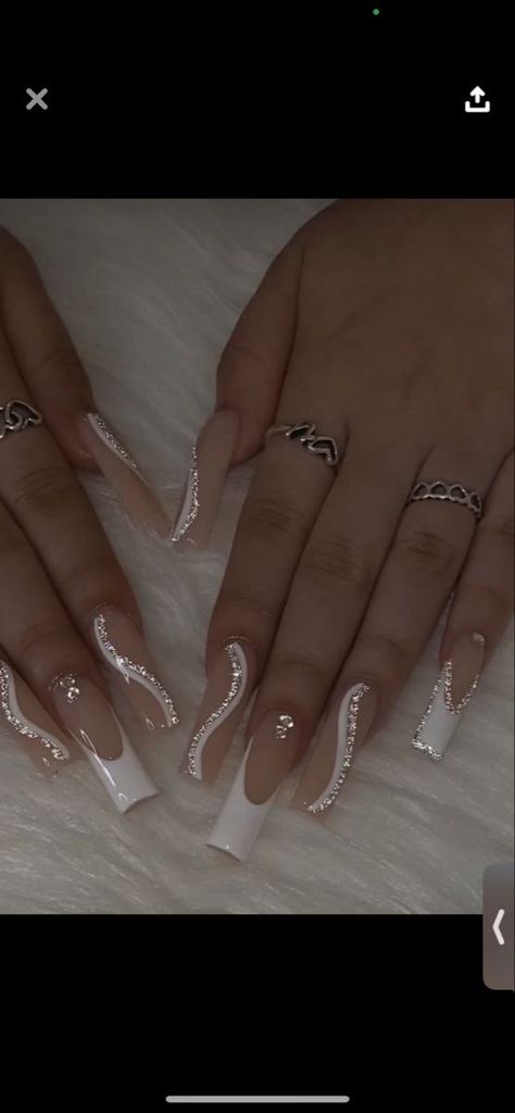 Silver Sparkly Nails Acrylics, White With Diamond Nails, White N Silver Nails, White And Glitter French Tip Nails, White French Tip Nails With Silver, White Silver Nails Acrylic, White Glitter Nails French Tips, White Tip Nails With Glitter, White French Tip Nails Glitter