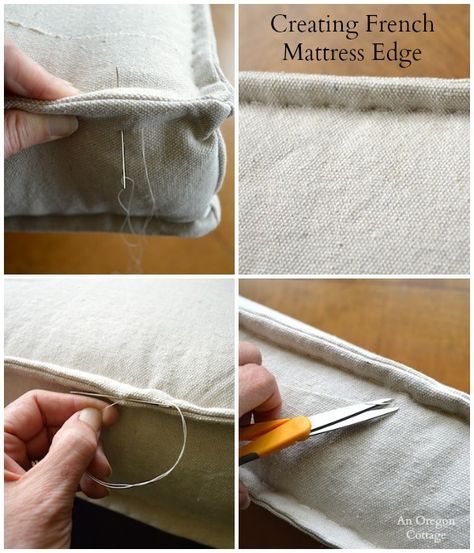 DIY Tufted French Mattress Cushion {Ballard Catalog Knockoff} - complete tutorial to make your own French-edge cushion! #DIYdecor #sewing #cushion #farmhousestyle #anoregoncottage French Mattress Cushion, French Mattress, Diy Sy, Projek Menjahit, Upholstery Diy, Astuces Diy, Sew Ins, Costura Diy, Sewing Pillows