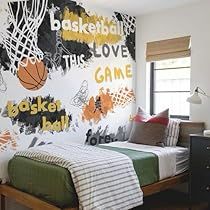 Boys Basketball Room, Basketball Themed Bedroom, Basketball Theme Room, Basketball Wall Decor, Basketball Wall Decals, Boys Room Wallpaper, Basketball Bedroom, Basketball Room, Basketball Decorations