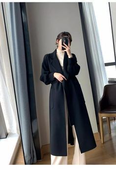 Tall Coat Outfit, Black Trench Coat Outfit Korean, Black Long Coat Outfit Women, Korean Long Coat Outfit, Coat Outfit Korean, Black Overcoat Outfit Women, Long Coat Korean Style, Long Coats For Women Classy, Rain Coat Outfit