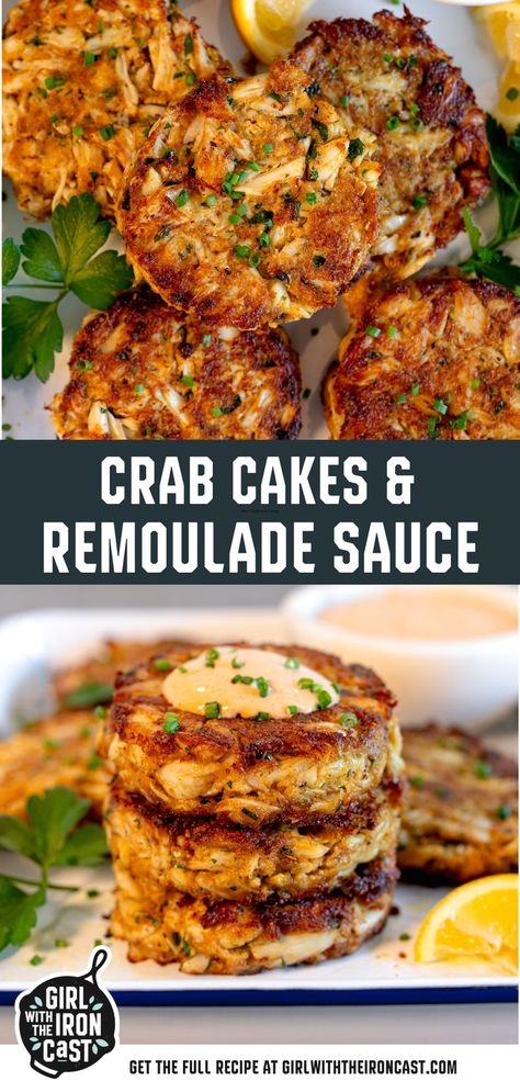 Enjoy restaurant-quality crab cakes made effortlessly with this simple recipe. Season fresh lump crab meat with Old Bay, mayonnaise, hot sauce, Dijon mustard, parsley, and lemon juice. Shape into cakes and fry or broil until golden brown. Serve with a homemade zesty remoulade sauce for a delicious, elegant touch. Crab Cake Remoulade Sauce, Broiled Crab Cakes, Crab Sauce Recipe, Lump Crab Meat Recipes, Easy Crab Cakes, Cast Iron Recipes Dinner, Old Bay Crab Cakes, Fried Crab Cakes, Crab Cake Sauce