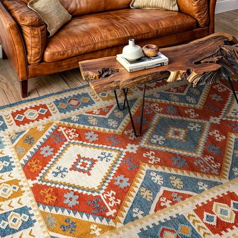 Hand Woven Navajo Inspired Southwestern Aztec Kilim Rug displayed in a cozy living room setting, showcasing its vibrant patterns Indoor Outdoor Porch, Outdoor Porch Decor, Navajo Culture, Red Kilim Rug, Southwestern Decor, Southwestern Rug, Eco Friendly Decor, Southwestern Decorating, Nordic Decor