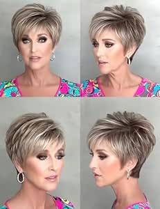 Pixie Wigs For White Women, Short Hair With Streaks, Womens Pixie Haircut, Grey Blonde Wig, Layered Pixie Bob, Short Hair Wigs For Women, Blonde Wig With Dark Roots, Layered Short Hair, Bobs With Bangs