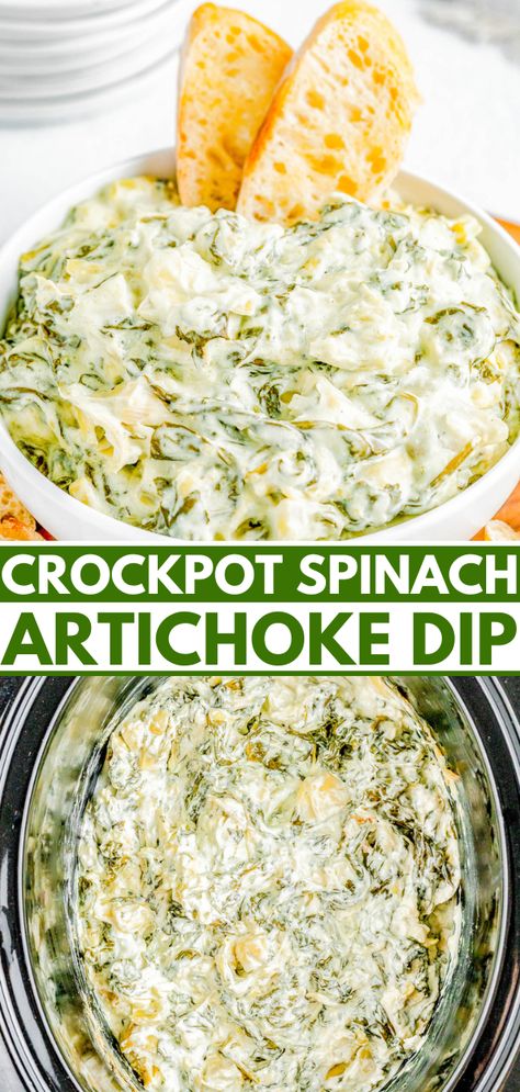 Crockpot Spinach Artichoke Dip — 🧀🎉🌿 Creamy, cheesy, and best of all SO EASY! Add the spinach, artichokes, mozzarella, and Parmesan to your slow cooker and let it do all the work! All you have to do is stir, serve, and watch everyone devour the dip! It's better than any restaurant version and perfect for game days, holiday entertaining, Christmas and New Year's parties, Super Bowl, or anytime you need the BEST spinach and artichoke dip! Easy Crockpot Spinach Artichoke Dip, Crockpot Spinach Artichoke Dip, Easy Spinach Artichoke Dip, Spinach Artichoke Dip Crockpot, Cheesy Dip Recipes, Slow Cooker Spinach Artichoke Dip, Crockpot Spinach, Artichoke Dip Easy, Spinach Artichoke Dip Easy