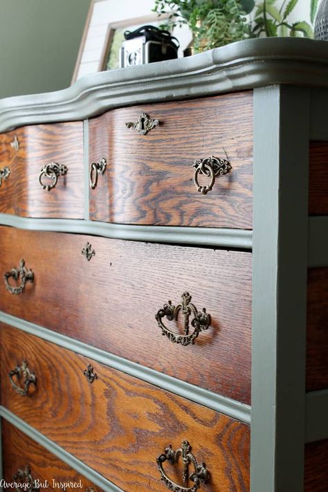 Two-Tone Painted Dresser Makeover in Cypress Vine Green and Wood - Average But Inspired Curved Front Dresser Makeover, Two Tone Dresser Makeover, Wood Dressers Makeover, Dresser Remodel, Stained Dresser, Two Tone Dresser, Cypress Vine, Furniture Makeover Inspiration, Green Dresser