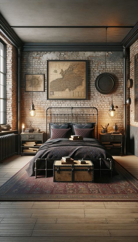 A vintage industrial bedroom with weathered brick walls, iron bed frame, dark maroon and navy bedding. Reclaimed wood nightstands with vintage lamps and old books. A framed map, distressed mirror, vintage trunk, oriental rug, and large windows with black curtains. Black Industrial Bed, Black And Maroon Bedroom, Dark Industrial Bedroom, Steampunk Room Ideas, Brick Bedroom Ideas, Boho Industrial Bedroom, Boys Industrial Bedroom, Bedroom Ideas Industrial, Industrial Interior Design Bedroom