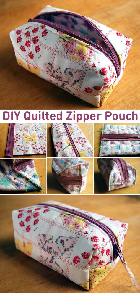 DIY Quilted Zipper Pouch Boxy Zipper Pouch Tutorial, Cosmetic Bag Diy Free Pattern, Sewing Toiletry Bag Patterns, Zipped Pouch Tutorial, How To Sew Pouches Zipper Bags, How To Sew Cosmetic Bags, Diy Boxy Pouch, Sewing Pattern Zipper Pouch, Sew A Pouch With Zipper