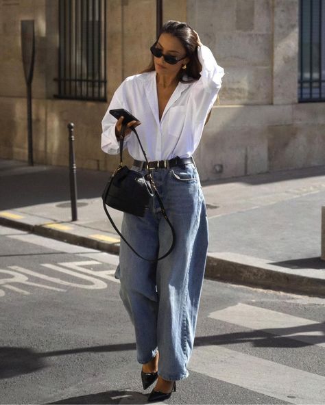 A Look We Love: White Shirt & Blue Jeans White T Shirt Work Outfit, Women In Mens Shirt, Fashion Outfits Summer 2024, White T Shirt Jeans Outfit, White Wrap Top Outfit, Jeans And White Shirt Outfit Classy, White T Shirt And Jeans Outfit, Blue Jeans White Shirt Outfit, Jean Button Up Shirt Outfit