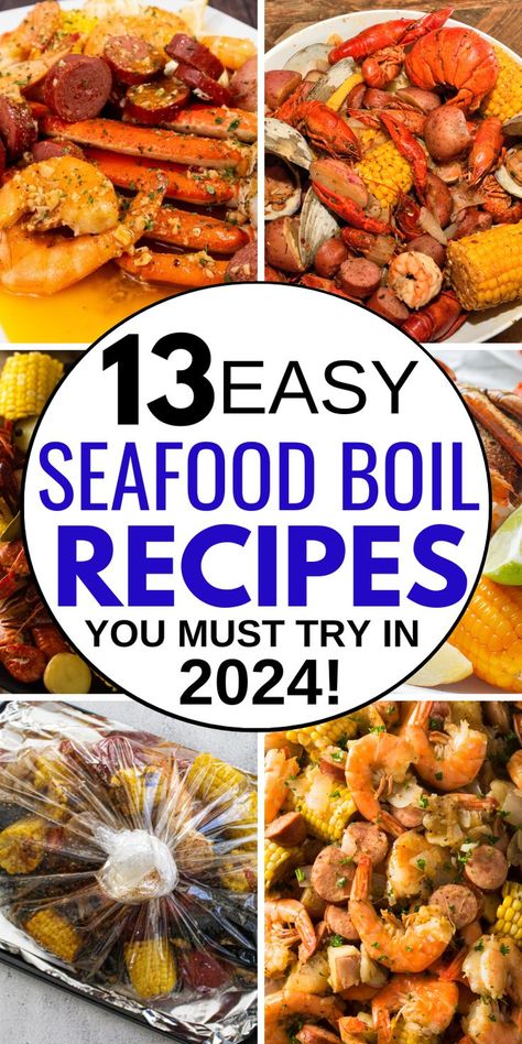 Text reads 15 Easy Seafood Boil Recipes You Should Try in 2024 Shrimp Boil In Turkey Fryer, Seafood Boil On Grill, Crab Boil Oven Recipe, Non Spicy Seafood Boil, How To Cook Crawfish Boil, Seafood Boil Ingredients List, Recipe For Seafood Boil, Seafood Boil Without Seafood, Shrimp Boil Bag Recipe