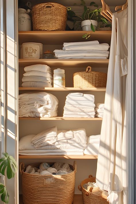 Hall Closet Organization, Minimal Bathroom Design, Simple Bathroom Decor, House Organisation, Linen Cupboard, Linen Closet Organization, Cottage Bathroom, Hall Closet, Cleaning Closet