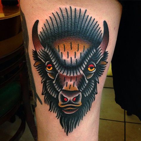 Traditional Buffalo Tattoo, Traditional Bear Tattoo, Bison Tattoo, Outlaw Tattoo, Buffalo Tattoo, Traditional Tattoo Man, American Traditional Tattoos, Cowboy Tattoos, Traditional Tattoo Inspiration