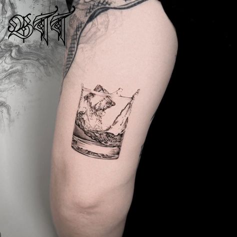 BLACK TAPESTRY TATTOO LONDON | Check out the amazing detail on this whiskey glass from resident artist @holidayjello 🥃 . Please message artists directly for bookings… | Instagram Clinking Glasses Tattoo, Glass Tattoo Ideas, Whisky Glass Tattoo, Whiskey Bottle Tattoo, Whiskey Glass Tattoo, Whiskey Tattoo, Glass Tattoo, Whiskey On Ice, Ice Tattoo