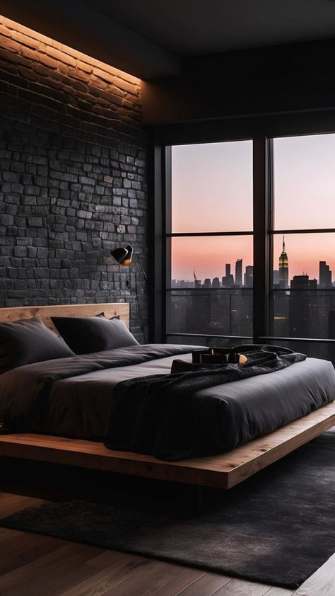 Young Mans Bedroom Ideas, Black Room Ideas, Elegant Modern Bedroom, Modern Bachelor Pad, Black Bedroom Design, Low Profile Bed, Black Rooms, Dark Bedroom, Design Journal