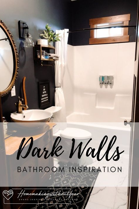 Black Bathroom White Wainscoting, Dark Wall And Ceiling Bathroom, Dark Wall Light Floor Bathroom, Men’s Small Bathroom Ideas, Bathroom Remodel Dark Walls, Small Bathroom Dark Paint Ideas, Charcoal Walls Bathroom, Bathroom Dark Grey Walls, Dark Paint Master Bath