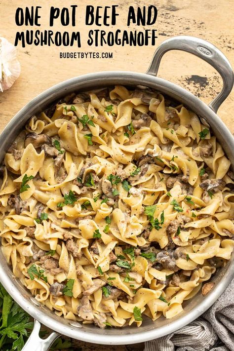 One Pot Beef and Mushroom Stroganoff Stroganoff Mushroom, Beef And Mushroom Stroganoff, Hamburger Helper Stroganoff, Beef Mushroom Stroganoff, Budget Bites, Inexpensive Recipes, Hamburger Stroganoff, Mushroom Stroganoff, Budget Bytes