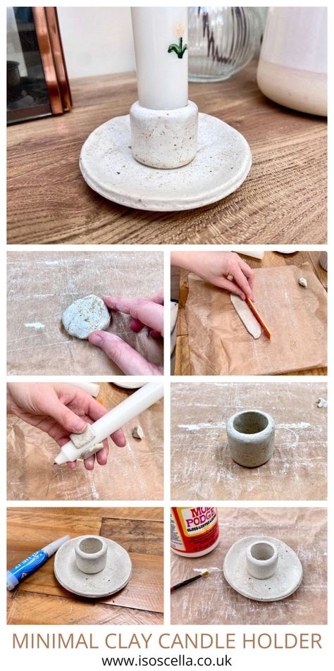 Minimal Clay Candle Holder — ISOSCELLA Clay Taper Candle Holders Diy, Salt Dough Candle Holder, Candle Holder Air Dry Clay, Air Dry Clay Candle Holder, Sculpey Clay Ideas, Diy Taper Candle Holders, Clay Candle Holders Diy, Making Candle Holders, Homemade Candle Holders