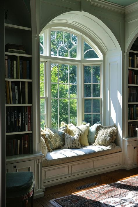 31+ Cozy Reading Nook Concept Ideas Medditeranean Interior, Upstairs Landing, Home Library Rooms, Office Closet, Window Nook, Interior Design Per La Casa, Dream Library, Nook Ideas, Cave Creek