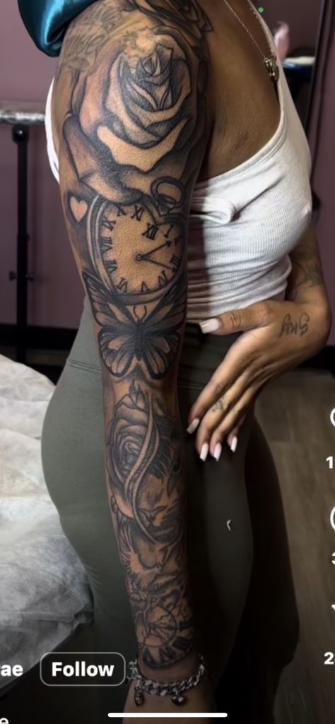 Full Sleeves For Women Tattoo, Medusa Tattoo Black Women Arm, Flower Tattoos Sleeve Black Women, Hard Sleeve Tattoos For Women, Sleeve Tattoo Inspo For Women, Leg Sleave Ideas Woman, Word Sleeve Tattoos For Women, Woman Tattoo Sleeve Ideas, Women Full Sleeve Tattoo Ideas