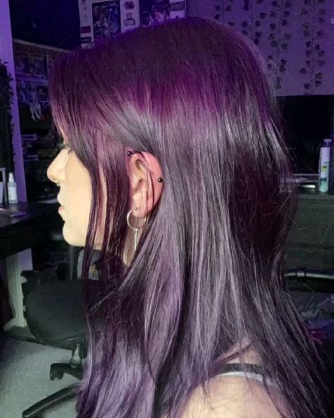 Arctic Fox Purple Af On Brown Hair, Very Dark Purple Hair, Unique Hair Dye Patterns, Purple Goth Hair, Purple On Brown Hair, Grape Purple Hair, Putple Hair, Purple Hair Dark, Purple Hair Aesthetic