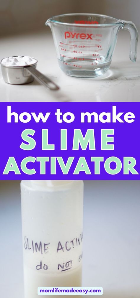 These three ways to make slime activator really work! They're cheaper than buying pre-mixed activators and you can make them in advance and have them ready to go for the next time you or your child wants to make slime. Slime is a great sensory activity and knowing how to make slime activator only makes it easier to make the great activity for kids happen! Make Slime Without Activator, Diy Slime Recipe Videos, Holographic Slime, Slime With Activator And Glue, Slime Recipe With Activator And Glue, Home Made Slime For Kids Easy, How To Make Slime Not Sticky, Borax Slime Activator Recipe, Baking Soda Slime Recipe